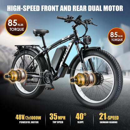 US CA Warehouse KETELES K800 26" Inch E-Bike Dual Motor 2000W 23AH Battery Mountain Bike Electric Fat Tire Electric Bicycle